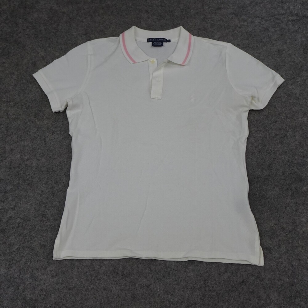 Vintage Ralph Lauren Polo Shirt Womens Large L White Pink Short Sleeve